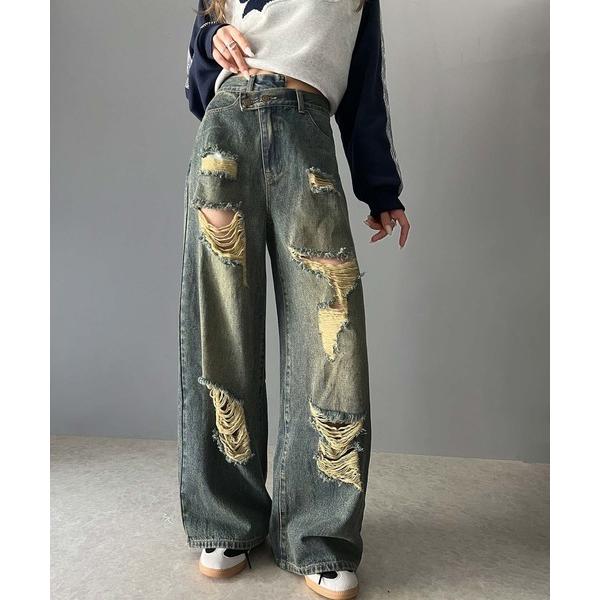 《Javaジャバコラボ》アシメトリーウエストデザインクラッシュ加工ダメージワイドデニムパンツ
