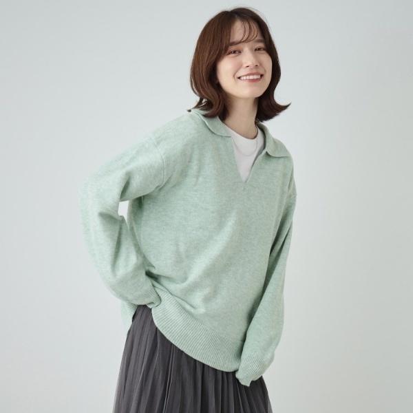 【S−LL】スキッパー衿付きニット