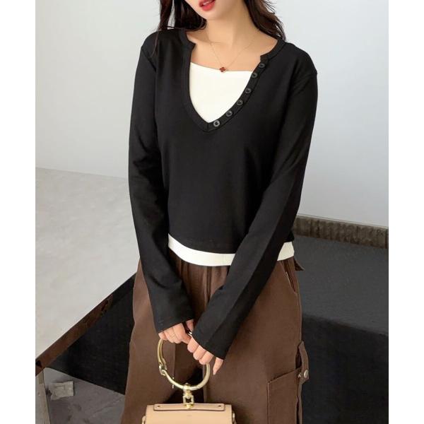 ボタン付きVネックレイヤードトップス