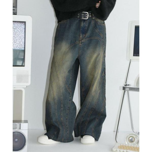 オーバーダイ/ウォッシュ加工オーバーサイズウェーブ切替ワイドストレートバギーデニムパンツ11.5oz