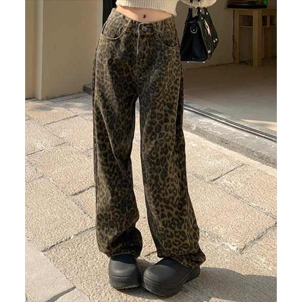レディース レオパードストレートワイドデニムパンツ