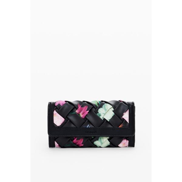 フラワープリント フェイクレザー編み込み財布