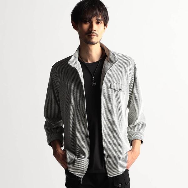 ラッセルストライプスタンドカラー7分袖シャツ