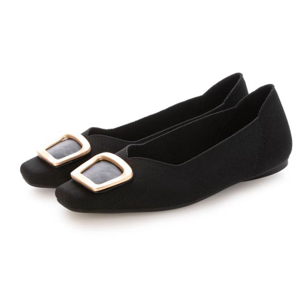 【EVOL】【洗える・超軽量片足137g】ゴールドバックルニットフラットパンプス IY5670