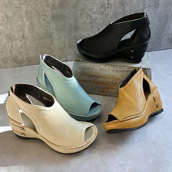 本革 日本製 厚底 カッティングデザイン オープントゥ レザーサンダル