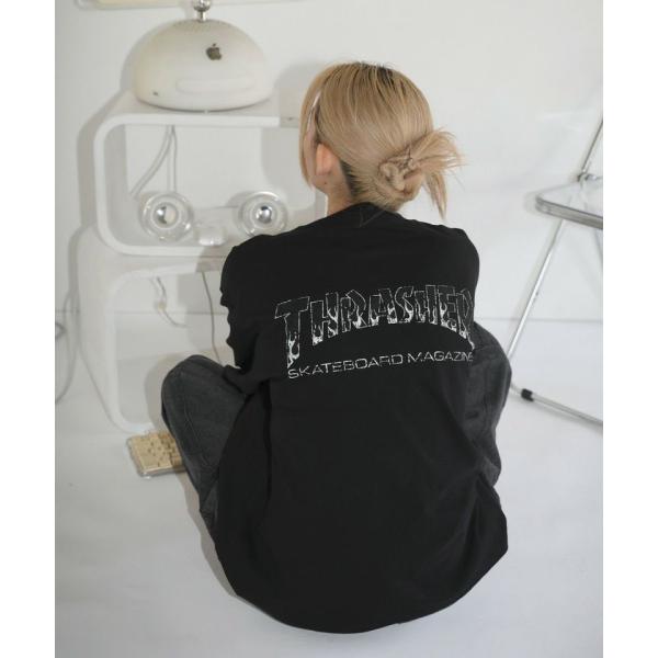 スラッシャー 別注 ピグメント風 ワンポイントロゴ クルーネック 加工プリントロングTシャツBBQ