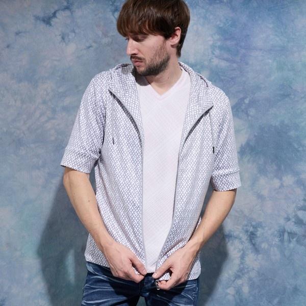 ジオメトリックプリント5分袖フードパーカー