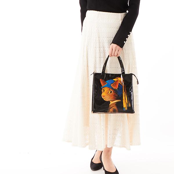 キャットアート　ランチトートバッグ　真珠のイヤリングをした少女猫　【CAT ART】