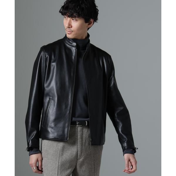 バンドカラーレザーシングルライダースジャケット