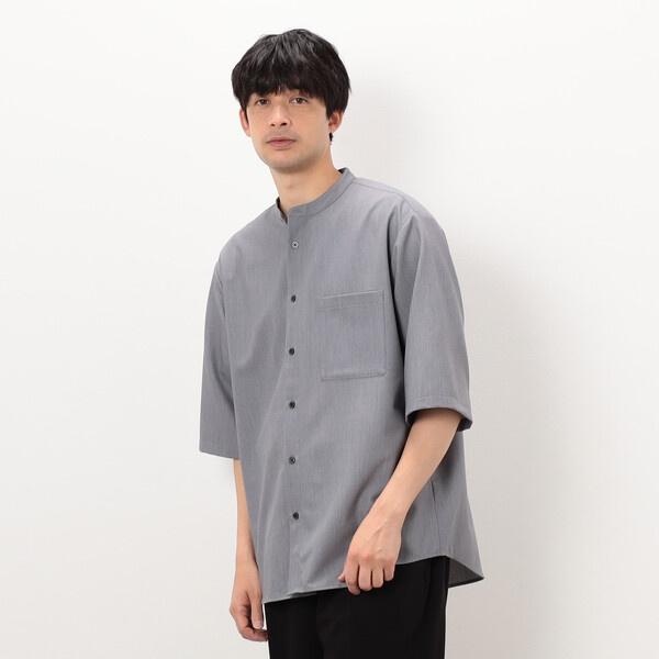 【セットアップ対応】ウールライク 五分袖 バンドカラーシャツ