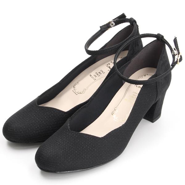 【日本製】ラウンドトゥフラワーカットネックベルトパンプス