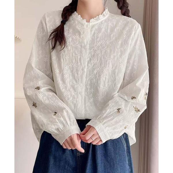 刺繍デザインフリル襟シャツブラウス