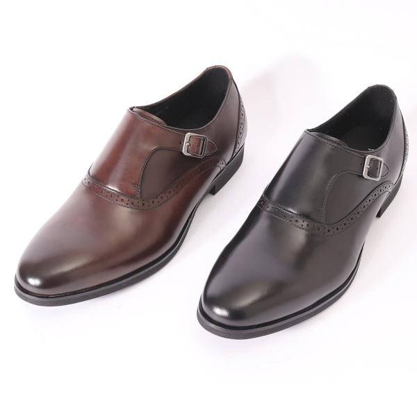 軽量 高クッション性 本革 プレーントゥ モンクストラップ スリッポン ビジネスシューズ