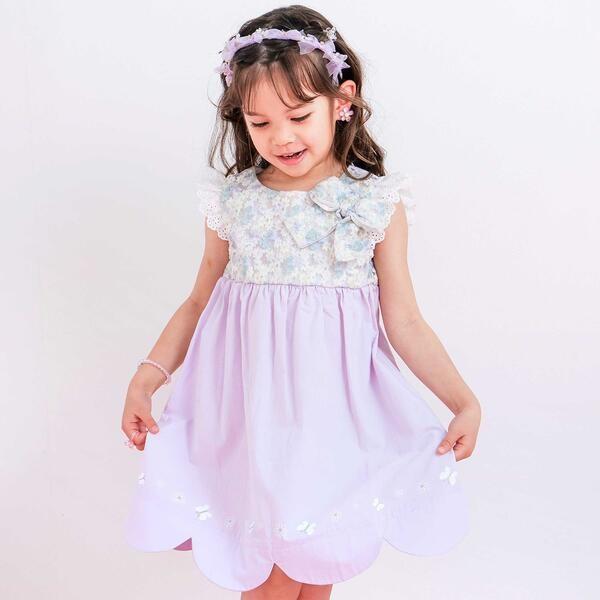 【絵本コラボ-みつごようせいのおしゃれなドレスやさん-】裾スカラップキラキラ蝶々お花プリントリボン付