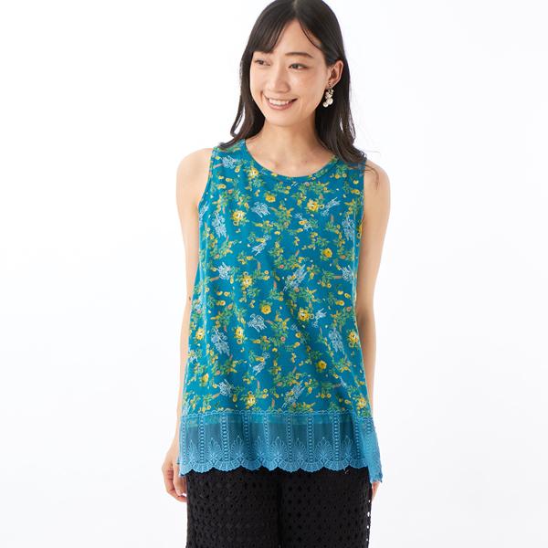 度甘天竺アンティークフラワードローイングプリント×チュールレースタンクトップ