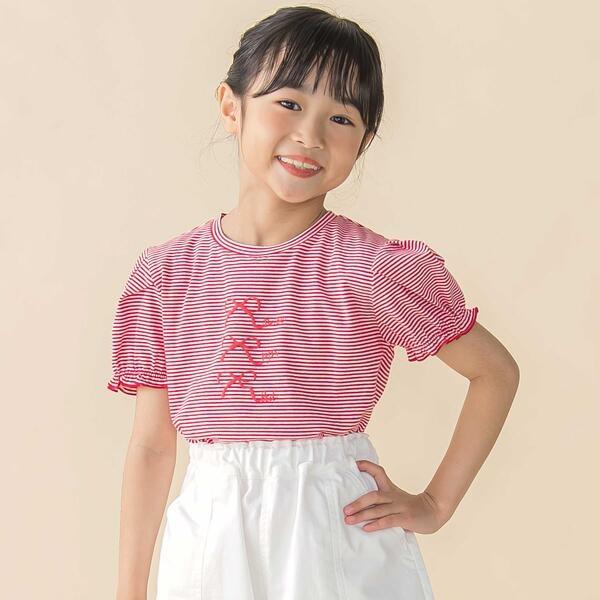 ベア天竺細ボーダーリボンプリントパフスリーブTシャツ(95~160cm)