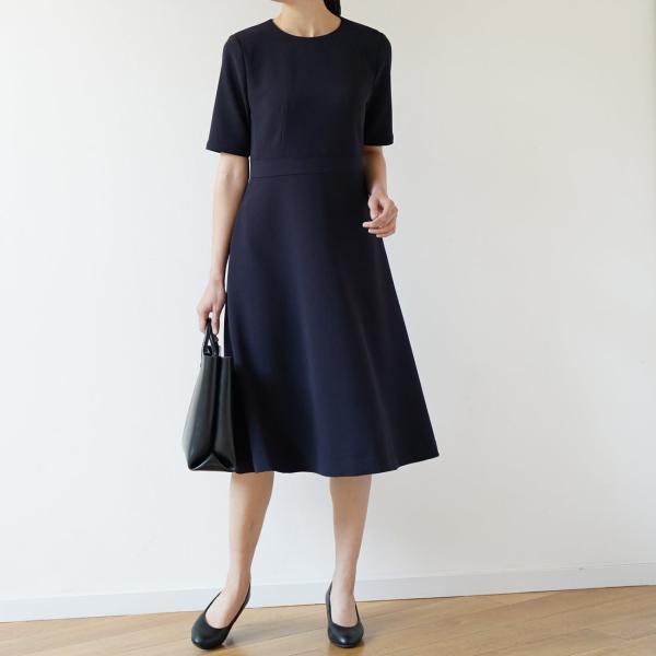 【ドラマ フェイクマミー着用】フォーマル・お受験/ウエストマークフレアワンピース（濃紺・日本製）