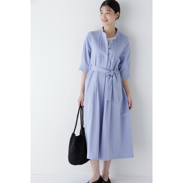 ◆コットンヘンプサテンハーフスリーブバンドカラーワンピース