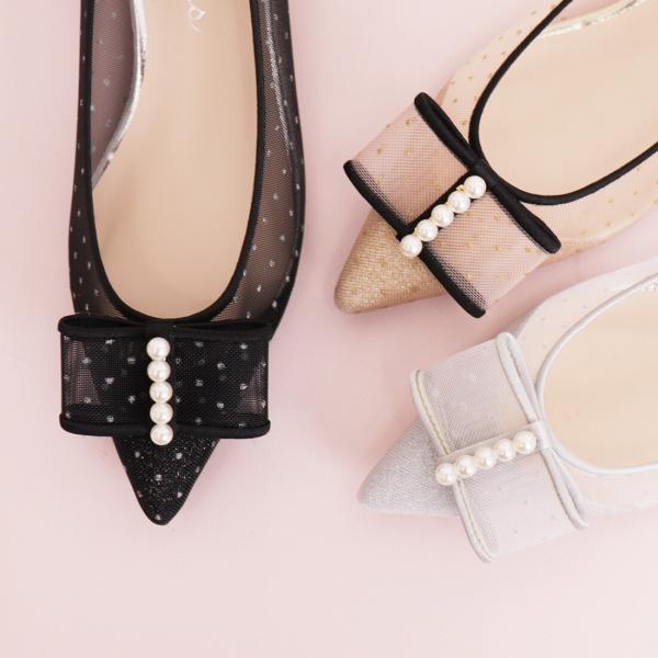 パールモチーフリボン　ポインテッドトゥフラットパンプス