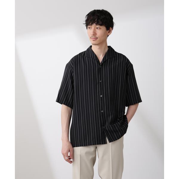 リネンブレンドピンストライプワイドカラーシャツ（セットアップ可)