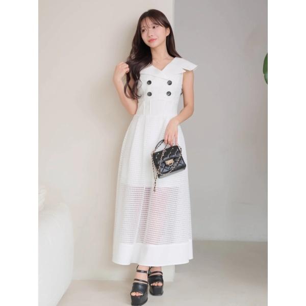 オフショルカラーメッシュフレアワンピース