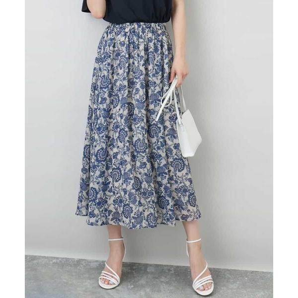 更紗プリント花柄シフォンスカート/洗える