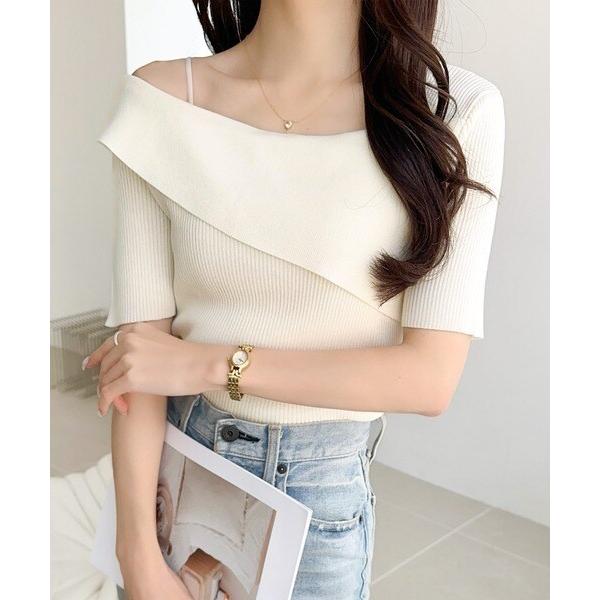 【mily bilet】この夏華やかさと個性を。アシンメトリーオフショル2WAY半袖サマーリブニット