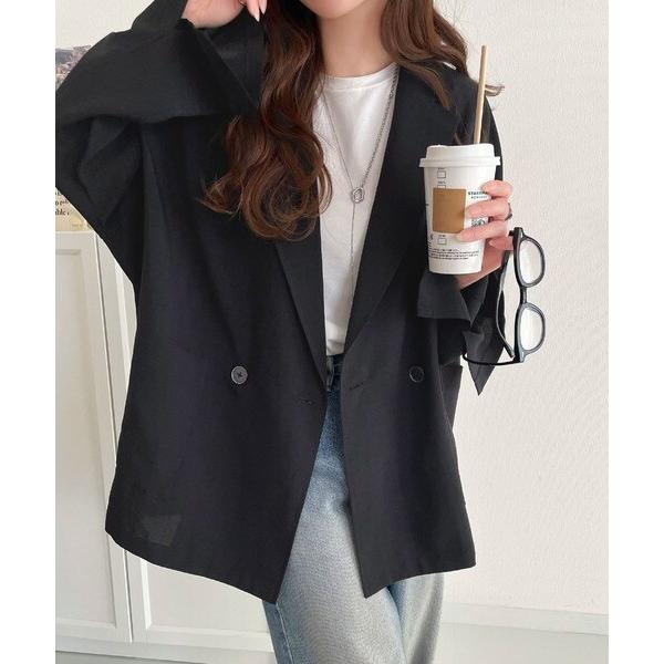 抜け感がほどよい◎麻調シアー素材ドルマンスリーブオーバーサイズダブルテーラードジャケット（長袖）