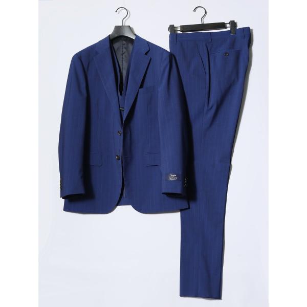 【マルゾット ウール混】スーティスト 2ボタン3ピース ビジネスセットアップスーツ ストライプ青