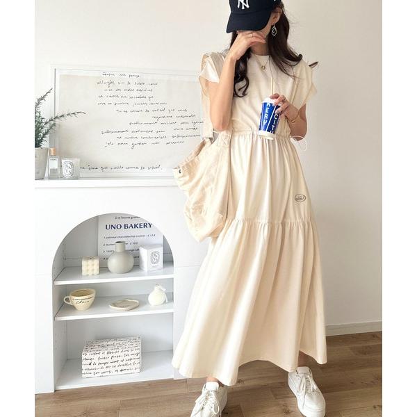 《JaVaジャバコラボ》ロゴ刺繍入りドロスト使いティアードロングワンピース