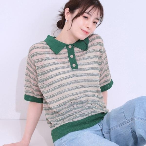 【S-LL】大人カジュアルコーデに 透かし編みボーダー ポロニット