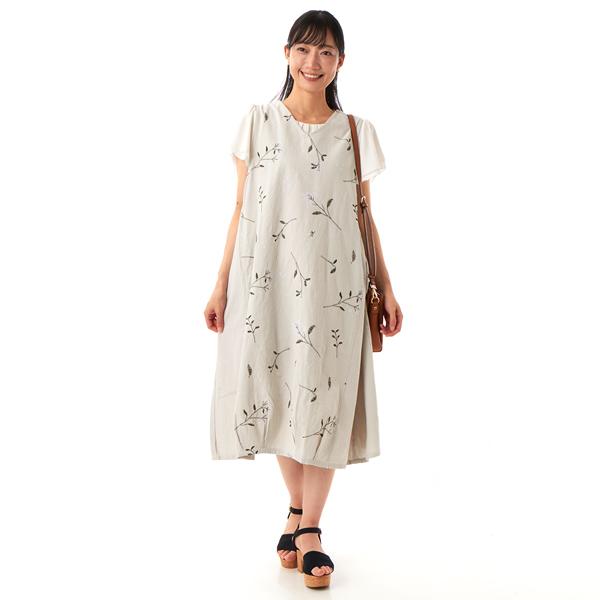Vネック脇切替 花刺しゅう入り コクーンシルエットワンピース　ナチュラル