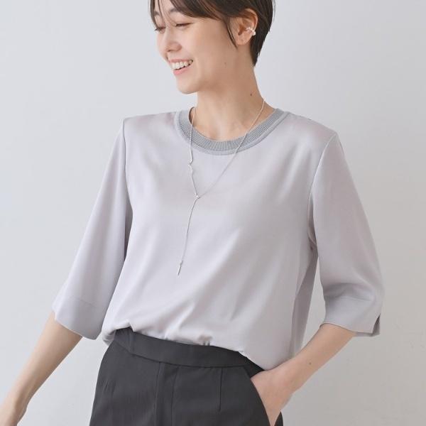 【洗える／5分袖】シルク風素材オフィスブラウス