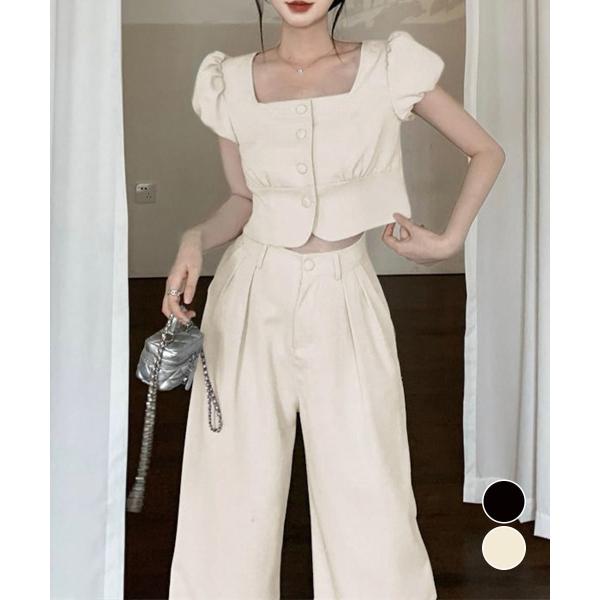 セットアップ春夏半袖トップスワイドパンツ