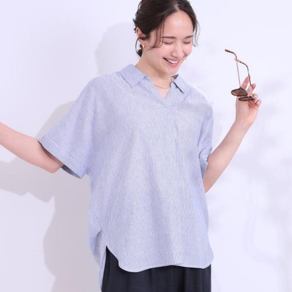 【S-LLUVひんやり抗菌防臭】体型を自然にカバー フレンチリネンブレンド襟付ドルマンシャツ