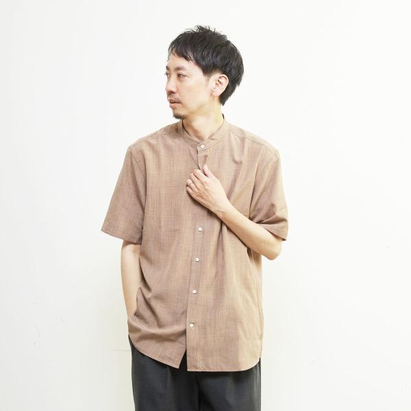 リネンライクスラブエステル / スタンダード半袖バンドカラーシャツ