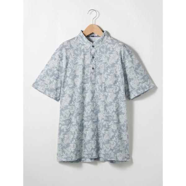 リーフジャカードプリント半袖スタンドカラーポロシャツ
