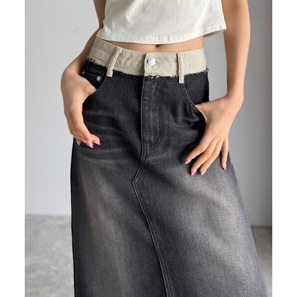 《JaVaジャバ コラボ》ウエスト異素材切り替え 裾カットオフ デニムスカート（ロング丈）