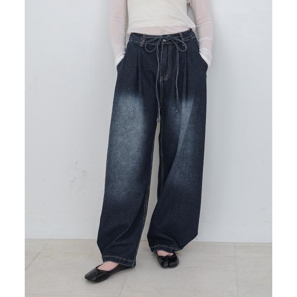 【M・Lサイズ展開】ウエストデザイン　ルーズデニムパンツ