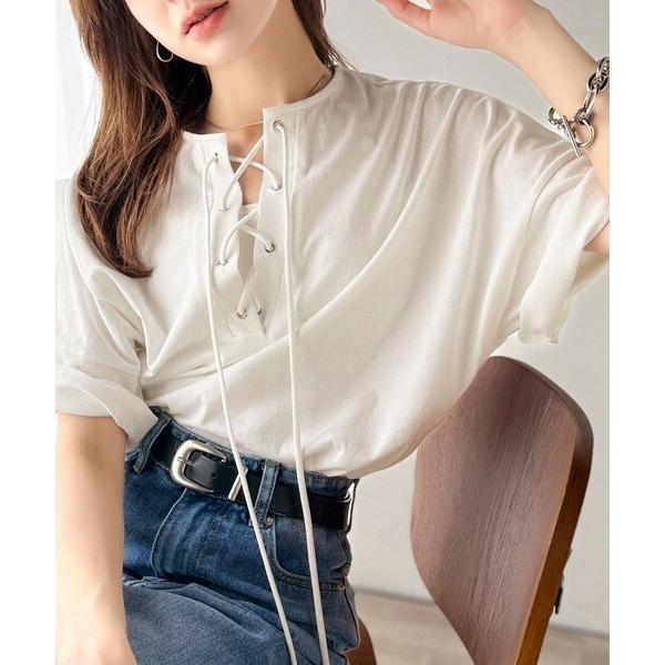 《JaVaジャバコラボ》綿100％ バックロゴプリント 胸元レースアップTシャツ(半袖)