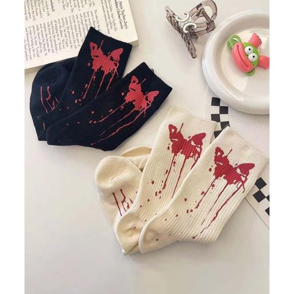 【MOSOX】ペイントバタフライモチーフリブクルーソックス