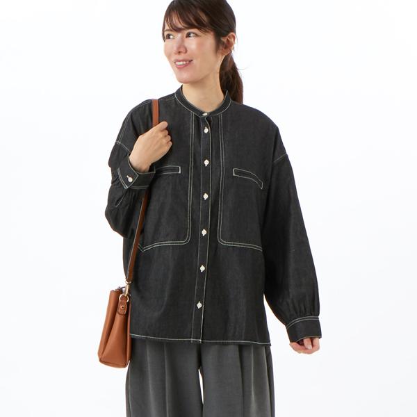 4.5OZデニム・ツイル バンドカラー胸ポケットステッチワークブラウス