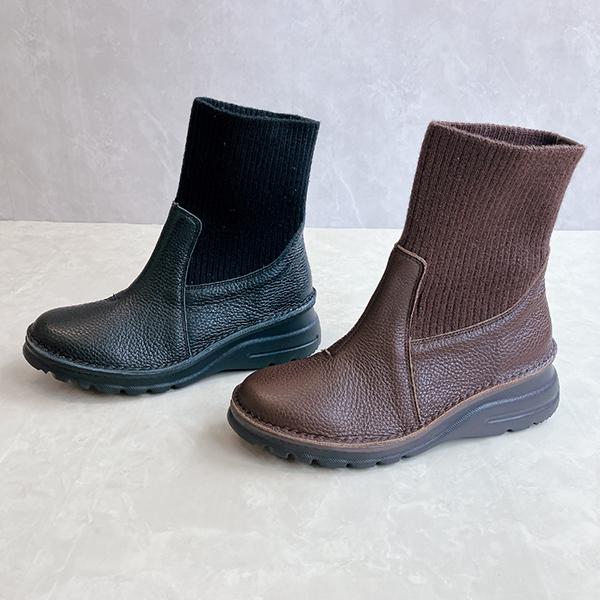 2WAY レザー＆ニット 異素材カジュアルレザーミドルブーツ 日本製