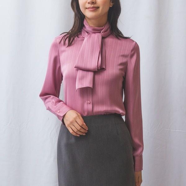 【NARACAMICIE】サテンストライプボウタイ長袖ブラウス