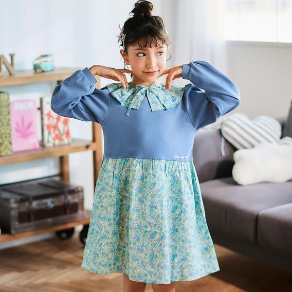 【お揃い】花柄付け襟＋花柄切り替えスムース長袖ワンピース(80~130cm)