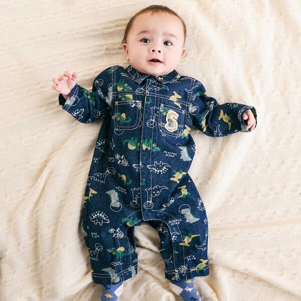 【お揃い】デニムツイル恐竜ロケット総柄ジャンプスーツベビー(70~80cm)