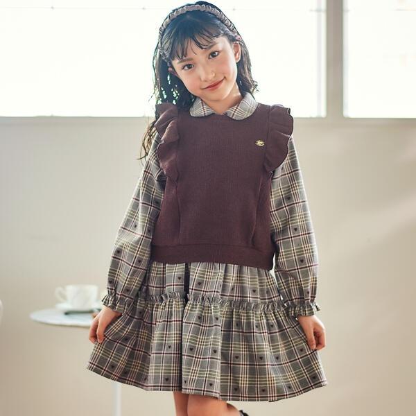 【お揃い】チェック花柄コーデュロイワンピース+ニットベスト2点セット(80~130cm)