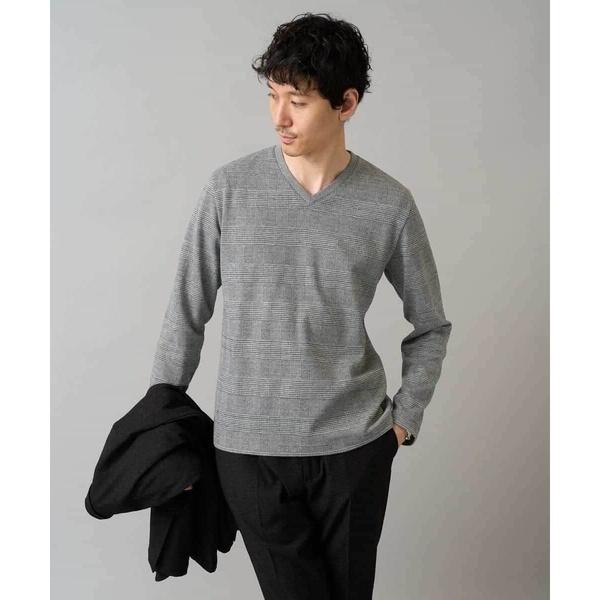 【イージーケア/洗濯機で洗える】グレンチェックジャカードＶネックＴシャツ　通勤/ビジネス/ジャケット