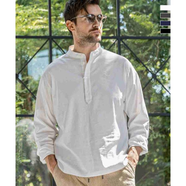 1PIU1UGUALE3 RELAX リネンブレンドバンドカラーヘンリーネックシャツ