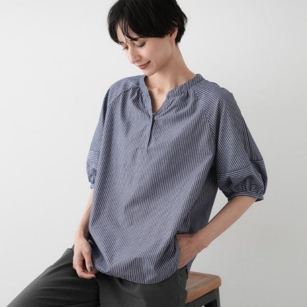 【洗える五分袖】ランタンスリーブスキッパーネックブラウス